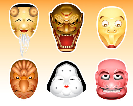 Traditional japanese theater masks - okina, kazuchi, shityome, korobase, otafuku, buaku.のイラスト素材