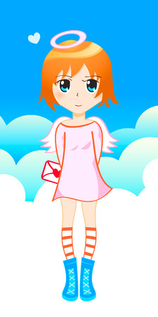 Little shy angel (tenchi) with love letter in japanese drawing styleのイラスト素材