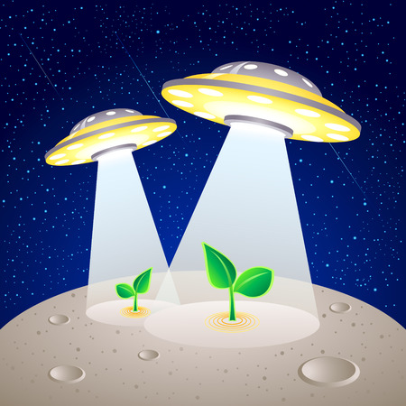 UFO-like spaceships cultivating plants at Moon surfaceのイラスト素材