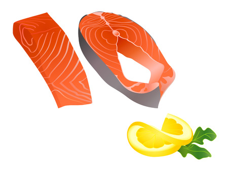 Raw salmon slices with lemon slice and spicy herbのイラスト素材