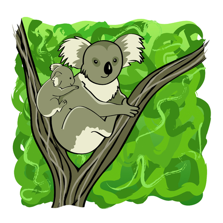 Koala mother and baby bear sitting on the treeのイラスト素材