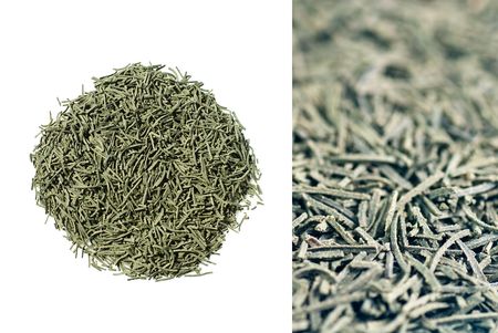 Japanese green Kokeiicha formed tea needle leaves isolated and close-upの写真素材