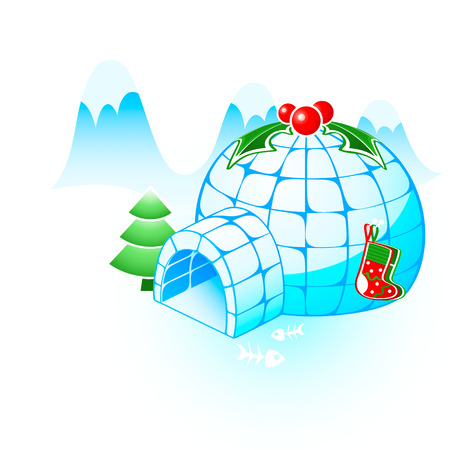Christmas igloo with holly berries, gift socks and fir-treeのイラスト素材