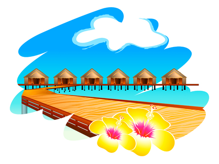 Wooden footbridge to Maldives water houses with hibiscus flowersのイラスト素材