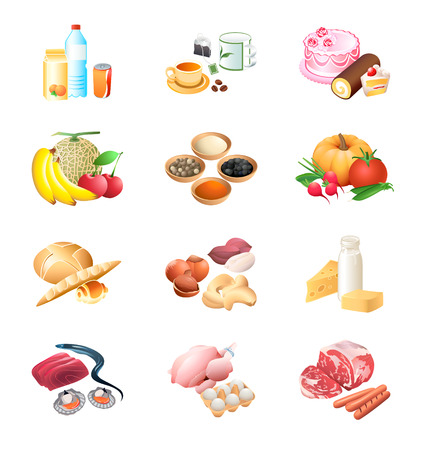 Colorful isolated raw and prepared food ingredients icon-setのイラスト素材