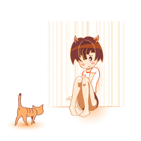 Shy cat girl with brave cat in kawaii anime styleのイラスト素材