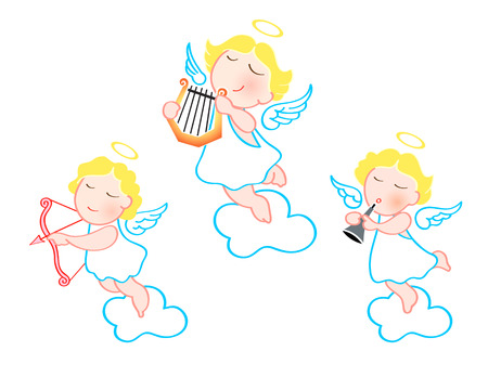 Funny cartoon angels with harp, arrow and trumpet isolatedのイラスト素材