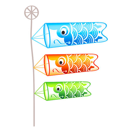 Family of japanese carp(koi)-shaped wind socks on pole isolatedのイラスト素材