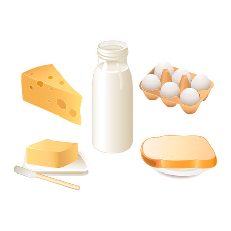 Traditional breakfast food - milk, butter, bread, cheese and eggsのイラスト素材