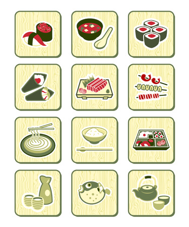 Traditional japanese food icons over bamboo patternのイラスト素材
