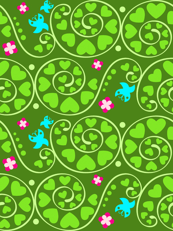 Seamless summer garden pattern with heart plants and butterfliesのイラスト素材