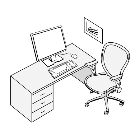 Typical office place in black and white contour drawingのイラスト素材