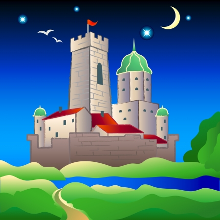 Old rural medieval moated castle at bright summer nightのイラスト素材