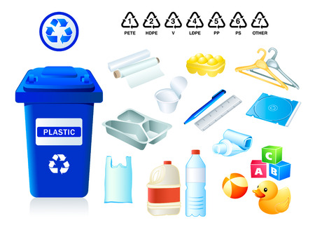 Plastic waste suitable for recycling and plastic codes のイラスト素材