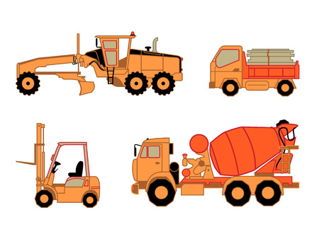 Motor grader, dump truck, lift truck and concrete mixer truck isolatedのイラスト素材