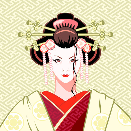  Modern attractive geisha portrait in green-red colors のイラスト素材