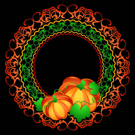 Decorated pumpkins floral medallion frame over blackのイラスト素材