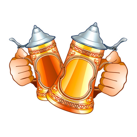 Human hands with decorated beer steins isolatedのイラスト素材