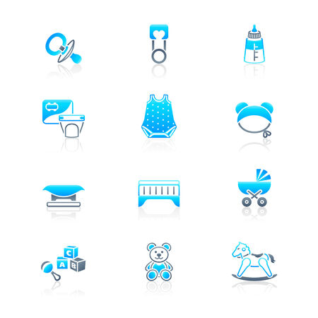 Newborn and first years baby objects icon-set in blue-grayのイラスト素材