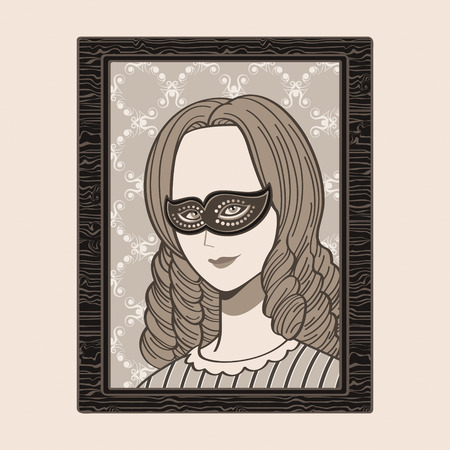 Masked victorian woman portrait in wood frameのイラスト素材