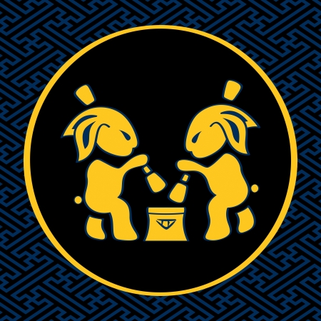 Japanese moon rabbits making mochi (rice cakes) by mortal and pestleのイラスト素材