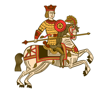 Folk russian lubok drawing of mighty knight on horseのイラスト素材