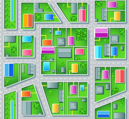 Seamless city suburb plan with houses, trees and roadsの写真素材