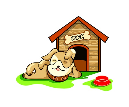 Happy dog dreaming near his wood house isolatedのイラスト素材