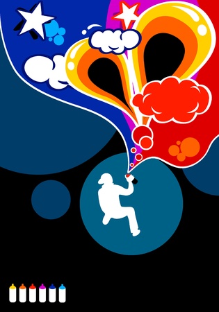 A boy silhouette spraying abstract graffiti in six colorsのイラスト素材