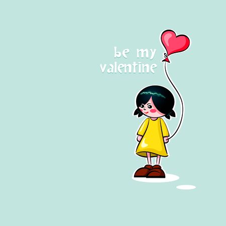 Cheerful Valentine girl with heart balloon cardのイラスト素材