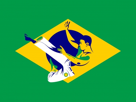 Capoeira fighter jumping over Brazil flagのイラスト素材