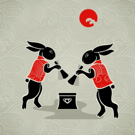 Japanese moon rabbits making mochi (rice cakes) by mortal and pestleのイラスト素材