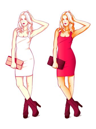 Cool fashion young blonde girl in little red dress isolatedのイラスト素材