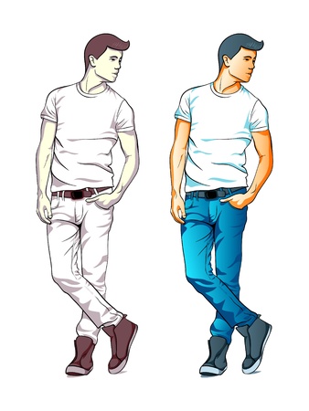 Cool fashion young man in jeans and T-shirt isolatedのイラスト素材