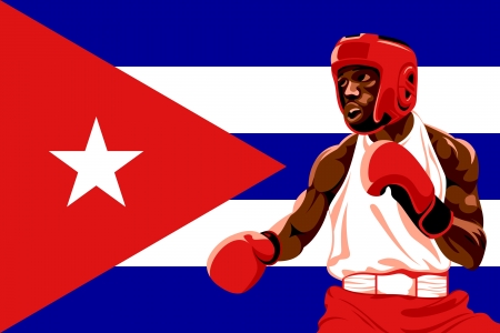 Amateur boxer in protective uniform posing over Cuba flagのイラスト素材