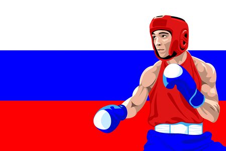 Amateur boxer in protective uniform posing over Russia flagのイラスト素材