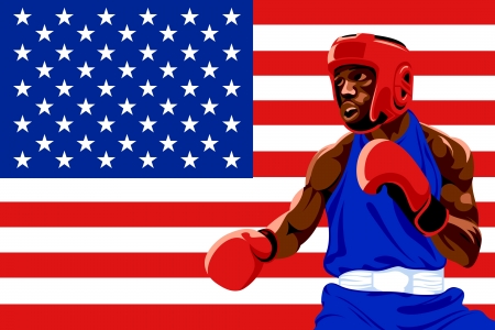 Amateur boxer in protective uniform posing over USA flagのイラスト素材