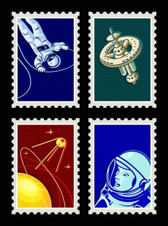 Retro space stamps with sputnik, astronauts and space stationのイラスト素材