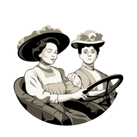 Vintage driving women in open car isolatedのイラスト素材