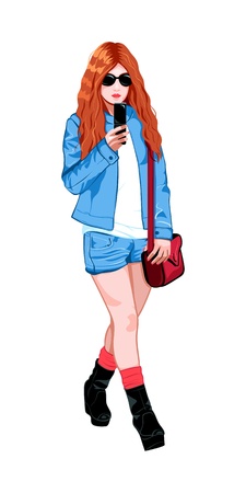 Modern girl walking with mobile phone in handのイラスト素材