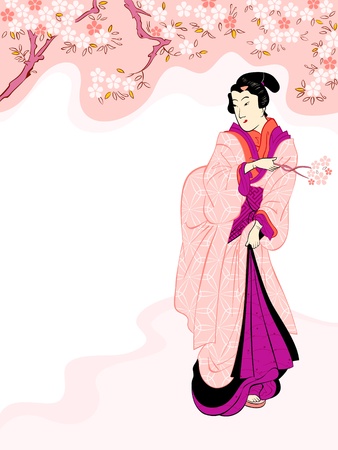 Vintage japanese geisha enjoying cherry tree blossomのイラスト素材