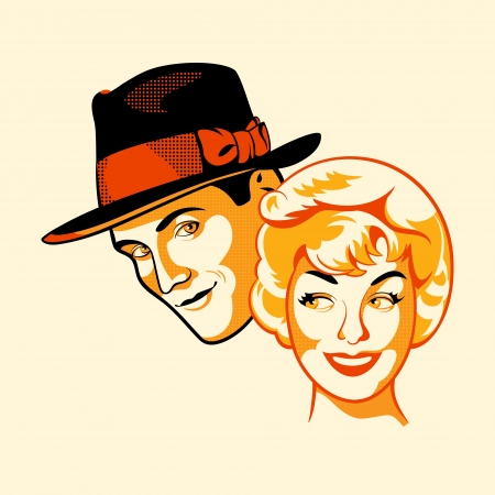 Vintage flirting couple in three color print halftone patternのイラスト素材