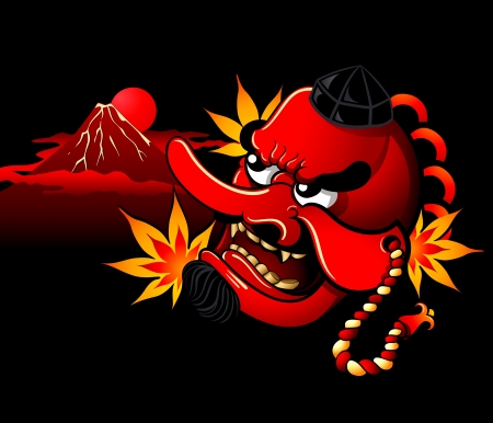 Tengu mask over Mt Fuji and autumn leavesのイラスト素材