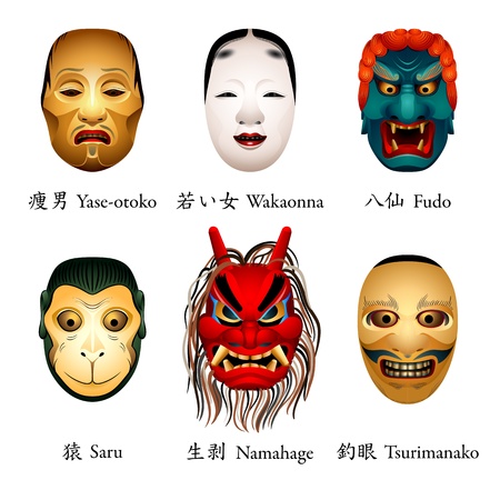 Japanese masks - yase-otoko, wakaonna, fudo, monkey, namahage, tsurimanakoのイラスト素材