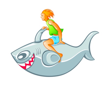 Happy boy on inflatable shark rocket isolatedのイラスト素材