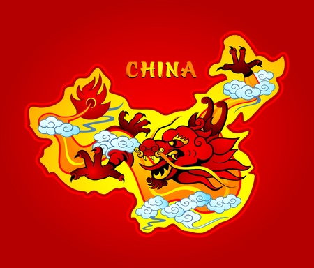 Map of China with a mighty sky dragonのイラスト素材