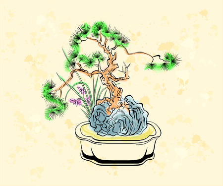 Colorful ink styled drawing of bonsai tree with iris flowersのイラスト素材