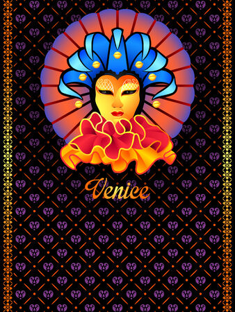 Venice travel postcard with woman face in golden maskのイラスト素材