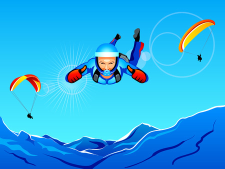 Sun-lighted mountain sky-diving and paraglidingのイラスト素材