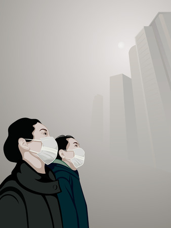 Women wearing mouth mask against air pollution in the smogのイラスト素材